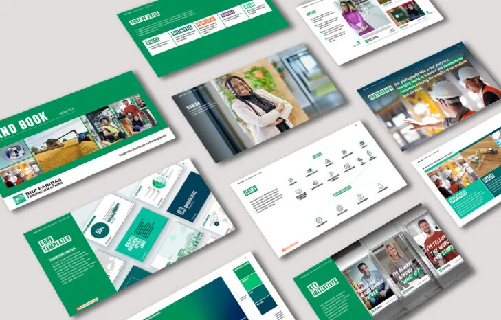 Collage of BNP Paribas Leasing Solutions circular economy training materials, including slides on concepts, challenges and solutions.